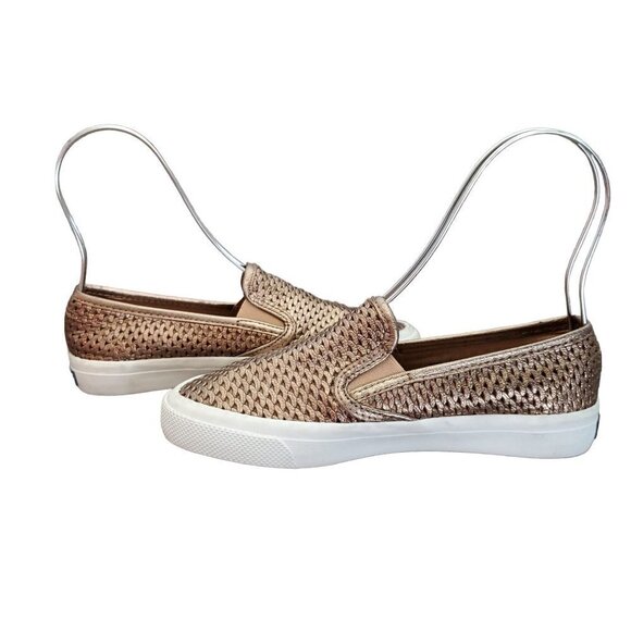 ❤️403 Sperry Seaside Perforated Platinum Metallic Gold Slip-On Sneaker - Picture 2 of 12